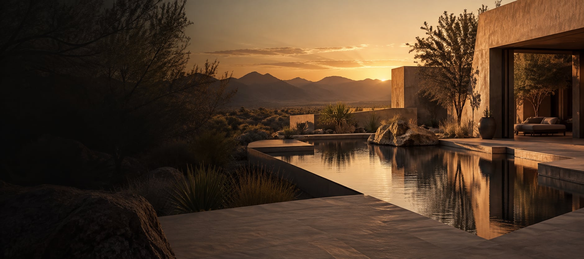 Illustrative desert retreat concept at sunset; not a photo of the Sanctuary property